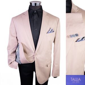 Tallia Sport Coat Blazer Sz XL (46R) Solid Beige Khaki Cotton Two Button Casual